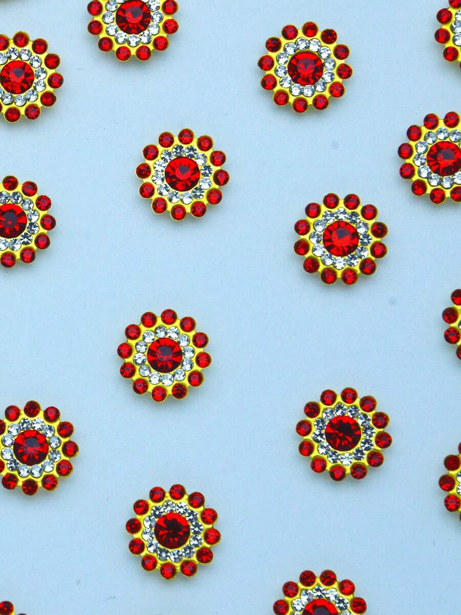 50pcs/Pack, Gold Base, 14MM Shiny Crystal Rhinestone Flower Round Flatback Sew-On Beads For DIY Decoration On Clothes, Bags, Shoes