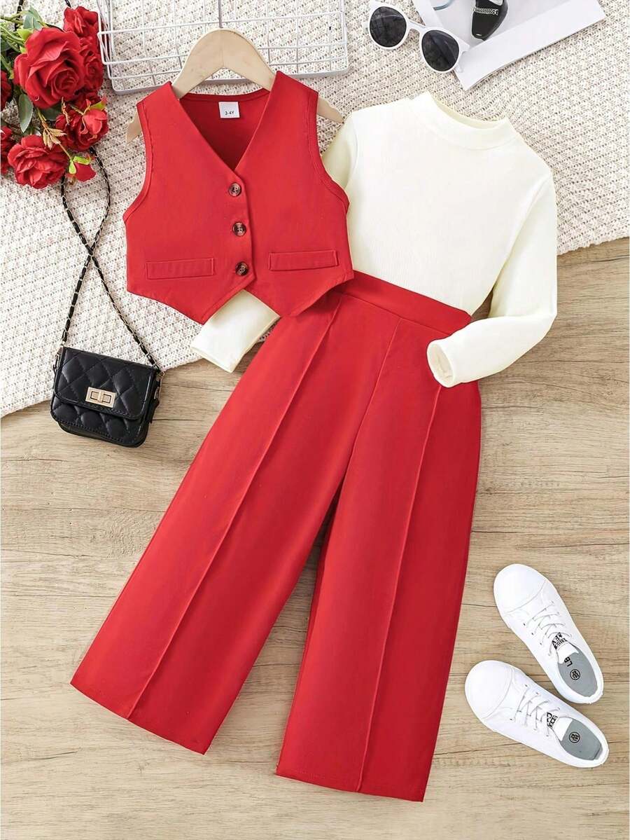 Kid Toddler Girls Suits Baptism Day Church Outfits Formal Wedding Guest Outfit Tuxedo Waistcoat Long Sleeve Mock Neck T Shirt Pants Sets 3pcs Dress Clothes 3-10 Years - 紅色 - 查看 1