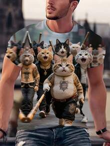 Men'S 3D Biker Cat Graphic T-Shirt - Edgy Streetwear Tee With Tattooed Cats, Soft Breathable Fabric For Summer Casual Outfits, Everyday Streetwear Essential - Perfect Boyfriend Gift For Cat Lovers, Cat Tshirt, Urban Fashion, Bold Print, Comfortable Fit, Round Neck Shirt, Fashion Enthusiasts, Street Style, Durable Print, Short Sleeve Top, Young Adults - Màu sắc hỗn hợp - Xem 3