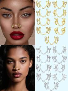 1 chiếc khuyên mũi giả màu vàng/bạc với dây chuyền hình trái tim rỗng, chất liệu thép không gỉ, không cần xỏ lỗ, kiểu dáng Bohemian dành cho nữ, hình nhiều yếu tố trái tim, hoa, bướm, sao, trăng, phụ kiện khuyên mũi giả, quà tặng tinh tế. - Bạc/Vàng - Xem 1