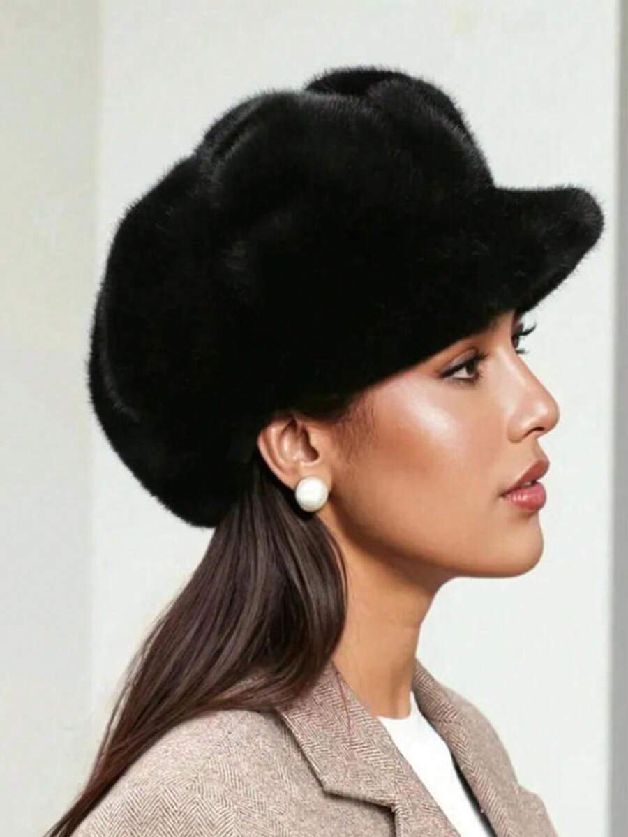 1pc Women's Autumn/Winter Hat, Fashionable Lady Pumpkin Beret, Casual Octagonal Faux Fur Hat