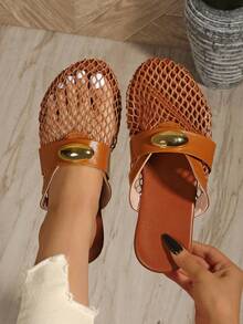 女士镂空网眼平底套脚鞋，舒适亚麻休闲穆勒凉鞋