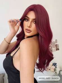 合成耐热假发，酒红色长卷发假发，28 英尺长，纤维材质，适合日常佩戴，自然仿假发。 - 酒紅色 - 查看 4