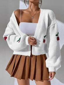 Cárdigan tipo duster de hombros caídos con estampado de cerezas, blusa de manga larga - Blanco - Ver 7