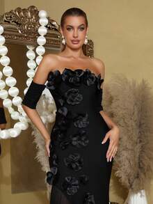 新款性感奢华3D立体花卉装饰长款绷带连衣裙，时尚露肩短袖薄纱雪纺荷叶边下摆露背不对称设计，适合女士婚礼、庆典、派对、正式晚宴、圣诞节等场合。 - 黑色 - 查看 2