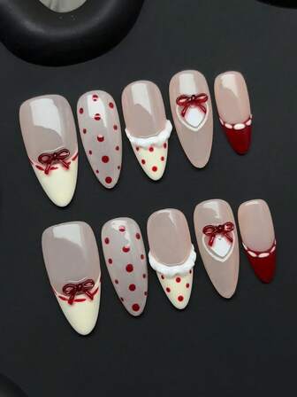 10pcs/Set Handmade Press On Nails Medium Almond Shaped Fake Nails,French Nails,Bow Decoration,Red Polka Dot ,Cat's Eye Nails,Y2k Nails,Cute Nails,Detachable Fake Nails, Nail Supplies Nail Art,Suitable For Party, Dance, Daily Wear, Student Party, Press-On And Reusable, With Jelly Glue And Nail File DIY Nail Supplies