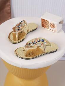 1 Pair Girls' Fashion Casual Embroidered Butterfly Flat Slip-On Sandals, Comfortable For Spring/Summer - Gold - View 8