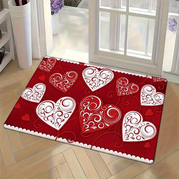 1pc Valentine's Day Rose Flower Door Mat -Elegant Red Heart Pattern Doormat, Machine Washable, Comfortable, Ideal For Bedroom Non-Slip, Machine Washable, Knit Indoor Entrance Mat, Machine Made Rectangle Entryway Mat For Home Decor
