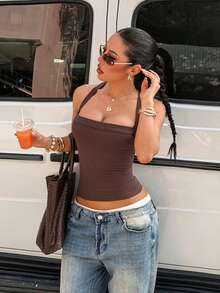 Dam sommar casual sportlinne med korsband och rygglöst tyg, mångsidig - Brun - Visa 6
