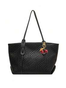 Women's Multifunctional Solid Color Woven Pattern PU Leather Handbag, Minimalist Large Capacity Top Handle Shoulder Bag, Casual Lightweight Commuter Tote Bag, Suitable For Daily Office, Fashionable Waterproof Square Outdoor Travel Shopping Crossbody Bag - Black - View 7