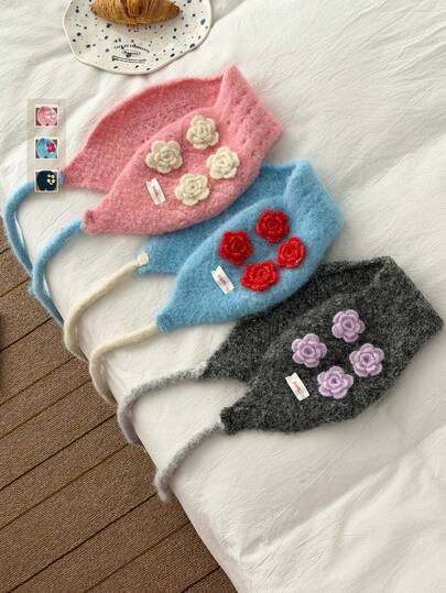 1pc Handmade Crochet 3D Floral Tie Ear Muffs, Women Winter Outdoor Cycling Ear Warmers, Knitted Flower Ear Covers, Cream Colored Earmuffs, Handcraft Floral Knitted Ear Warmers For Women Winter