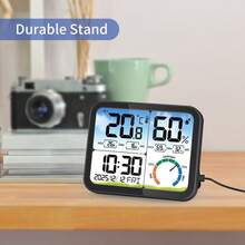 新款彩色温湿度计 - 空气监测器，带天气时钟，具备温差记忆、万年历和闹钟功能。精准追踪室内气候，是居家日常使用的理想之选。