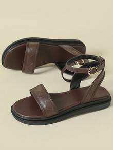 Women's Thick Sole Strap Buckle Sandals, Bohemian Style, Retro Random Print, Open Toe, Comfortable, Wedge Heel, Breathable, Elegant, Suitable For Beach, Spring/Autumn, Coffee Brown, Asymmetrical Embossed, Large Size 41-43 - Coffee Brown - View 3