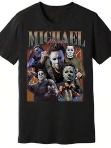 Men'S Horror Graphic T-Shirt - Tee With  & Laurie Strode Design - Stretch Knit Fabric - All-Season Casual Shirt For Halloween, Gym, Travel - Horror Movie Fan Apparel, Gym Wear, Comfortable Fit, Breathable Material, Print Top - 黑色 - 查看 1