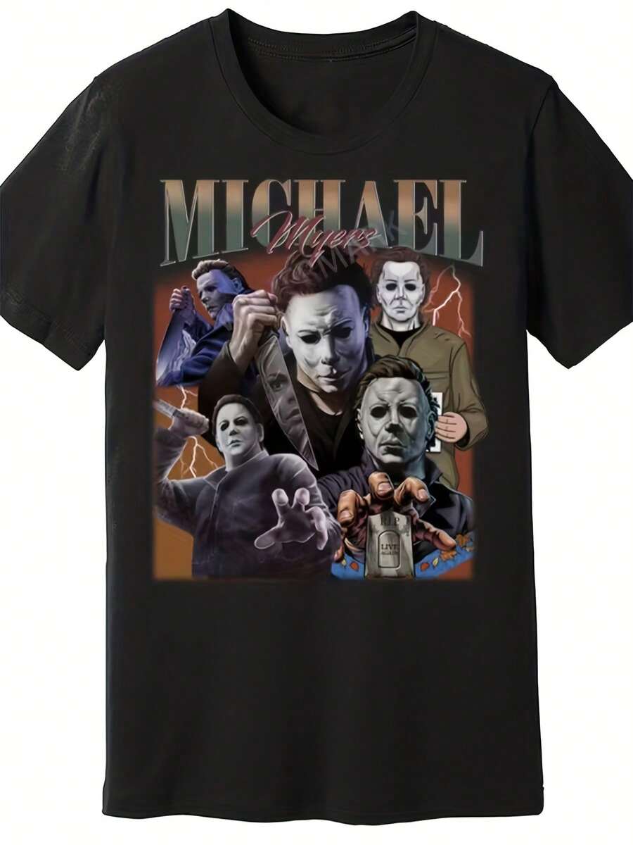 Men'S Horror Graphic T-Shirt - Tee With & Laurie Strode Design - Stretch Knit Fabric - All-Season Casual Shirt For Halloween, Gym, Travel - Horror Movie Fan Apparel, Gym Wear, Comfortable Fit, Breathable Material, Print Top - 黑色 - 查看 1