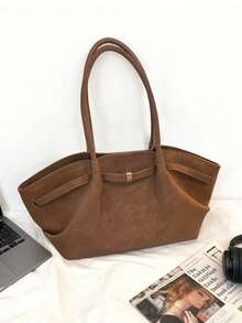 Dedoo 1pc FEISTURE Faux Suede Tote Bag, Large Capacity Solid Color Mature Elegant Women Handbag, Vintage Style Work Bag Suitable For Girls, Ladies, College Students, Office Workers, Newest Fashionable Suede Bag For Women, New Fall Fashion 2025 For Women - Brown - View 3