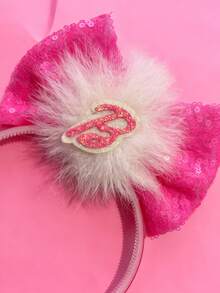 1pc Sparkle Bow, Beaded Alphabet Design Hairband With Green & Pink Fluffy Pom Poms, Fashionable And Cute Hair Accessory For Everyday And Celebrity Looks Party Halloween - Pink - View 3