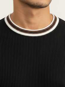 男士圆领罗纹休闲百搭通勤针织短袖上衣 - 黑色 - 查看 4