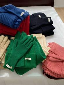 1 Set Solid Color Casual Acrylic Beanie, Scarf & Gloves 3 Pieces Set, Autumn/Winter Cold Weather Outfit Women Valentines Gift - Multicolor - View 1