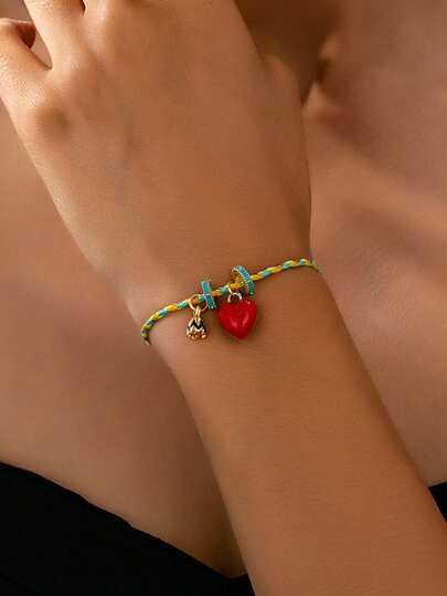 1 pieza Pulsera de mujer con cuentas y aretes con forma de corazón, accesorio de estilo elegante, dulce y de moda para uso diario y fiestas