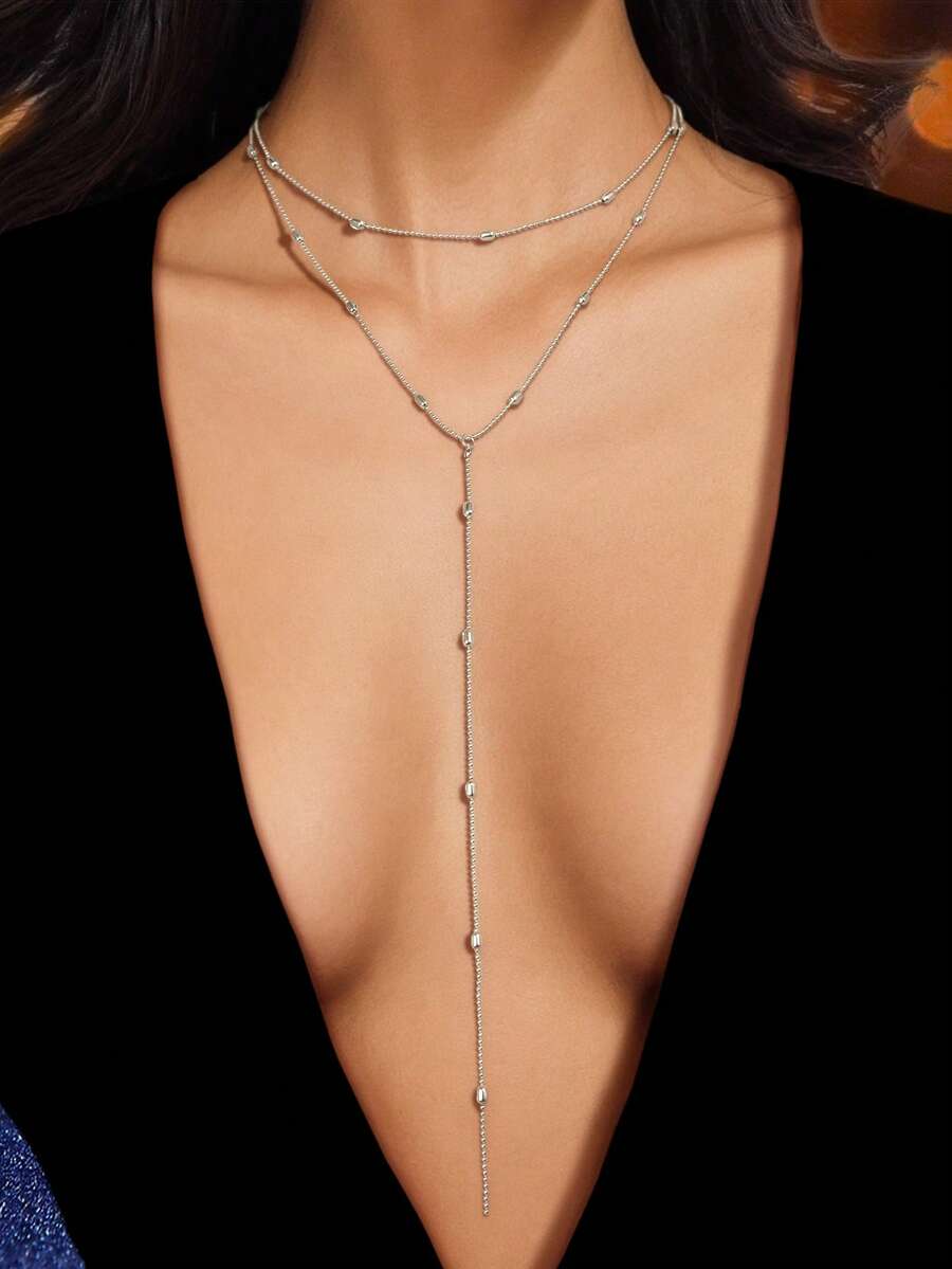 1 chiếc dây chuyền mặt dây dài kiểu chữ Y đính hạt bạc thời trang, gợi cảm, thích hợp cho các buổi tiệc tùng, giao lưu xã hội, trang sức cơ thể. - Bạc - Xem 1