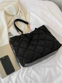 时尚百搭通勤简约纯色绗缝手提包 - 黑色 - 查看 3