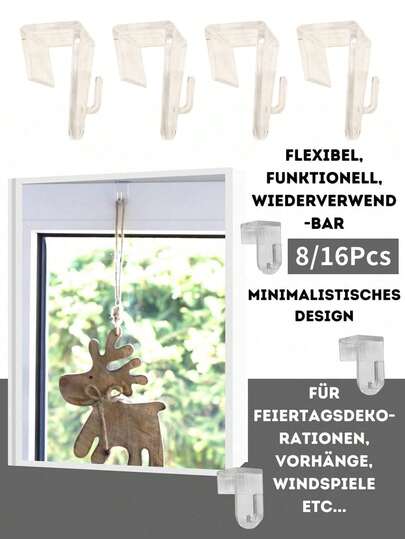 8/16 Stücke transparente Fenstervorhang Haken, Kranz Haken, praktische Haken geeignet für Türen und Fenster mit einer Dicke von bis zu 17 mm/0,67 Zoll. Dekorative Haken für Zuhause zum Aufhängen von Vorhängen, Duschvorhängen, Kränzen und Bändern.