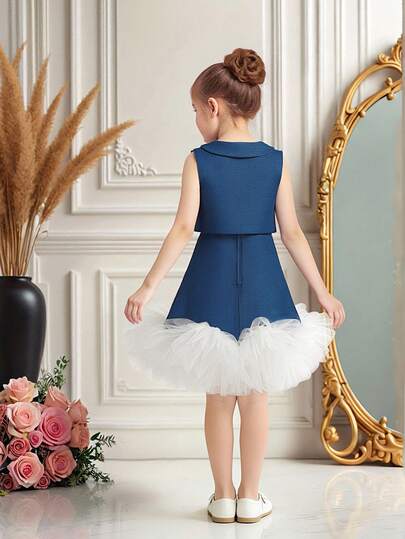 2pcs Young Girls' Spaghetti Strap Denim Contrast Mesh Elegant Avant-Garde Birthday Party Princess Dress & Jacket Set, Suitable For Vacation, Gathering, Outing, Excluding Headband