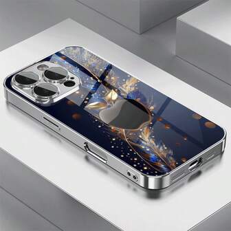 Apple Pattern 1pc Gold Feather & Apple Decor Glass Material Phone Case, Elegant & High-End, Suitable For IPhone