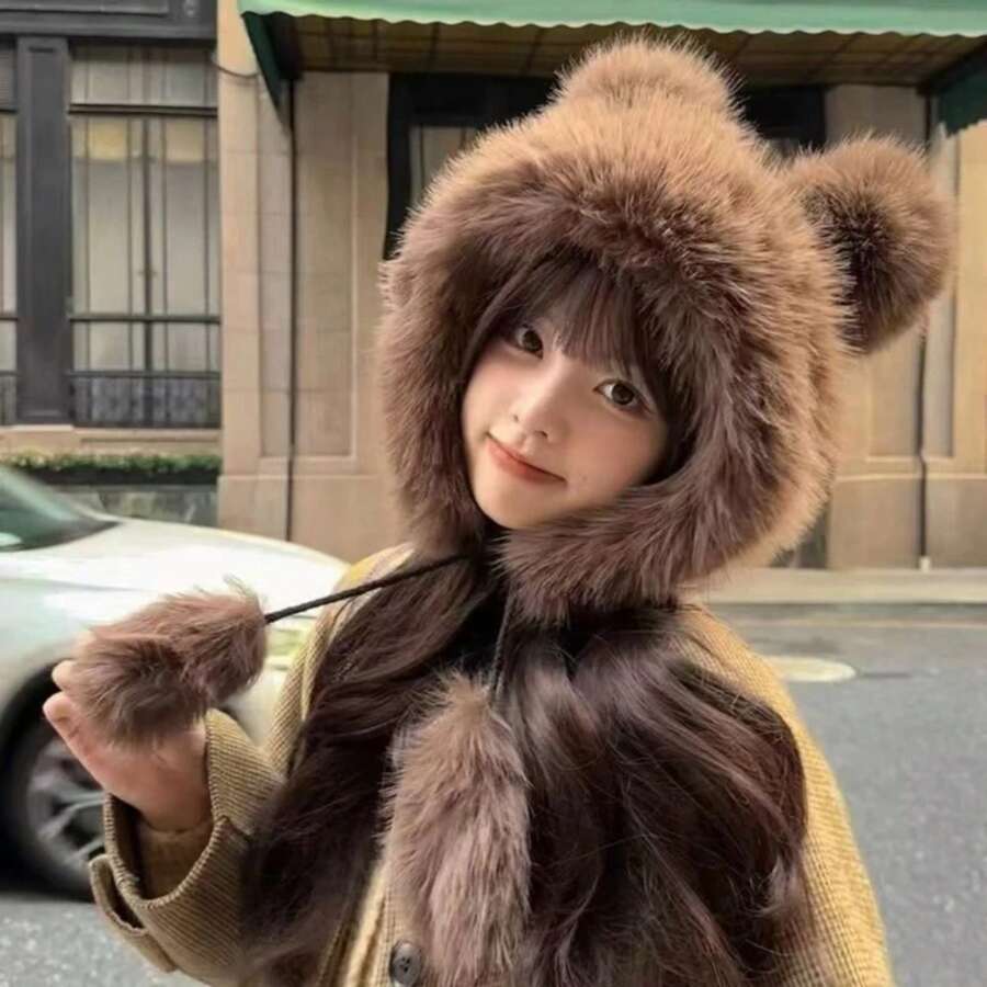 Winter  New Women's Plush Cute Bear Ear Hat ,Thicken And Warm Ear Wind And Snow Hat  Plush Little Bear Lei Feng Hat - 咖啡 - 查看 1