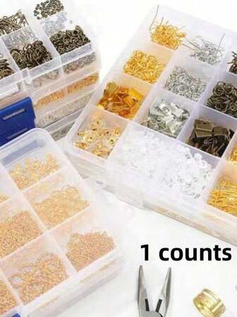 1 Box/2 Boxes 10-Compartment Jewelry Accessories Including Lobster Clasps, Earring Hooks, 9-Prong Earring Findings, DIY Earrings & Necklace Materials, Long Nose Pliers Approx. 12cm