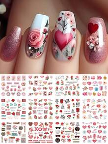 1张12款红色情人节玫瑰水印美甲贴纸，心形花朵礼物设计水转印美甲贴花婚礼美甲用品DIY美甲饰品装饰（无粘性） - 彩色 - 查看 3