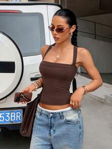 Dam sommar casual sportlinne med korsband och rygglöst tyg, mångsidig - Brun - Visa 7