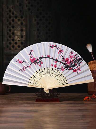 1pc Vintage Folding Bamboo Fan, Dance Fan, Decorated With Black Butterfly Tassel Floral Pattern, Hand Fan