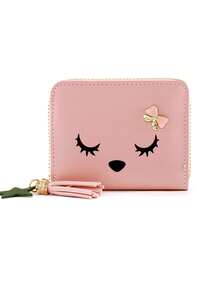 1pc Women Short Zipper Tassel Leather Coin Purse, Cartoon Cute Personalized Coin Wallet Card Holder