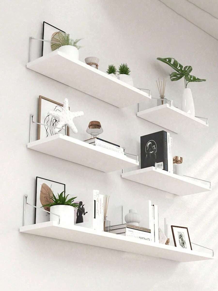 1pc,Wall Mounted Floating Shelves (30/40/50cm, White) - No Drill Installation, With Hooks Included, Space-Saving Storage For Living Room, Bedroom, Kitchen, Bathroom - White - View 1