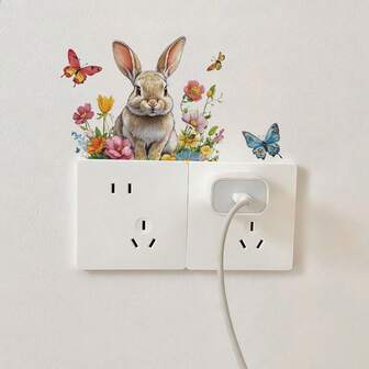 1pc Cute Cartoon Rabbit & Flower Removable Switch Sticker, Home Decor Wall Sticker For Living Room, Entryway, Easter