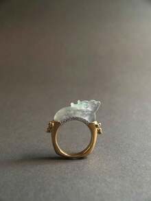 Vintage Cultural Play Ring Imitation Chalcedony Index Finger Ring Niche Design High-End Unicorn Mythical Beast Ring - 玉石金色戒指-美號7閉口 - 查看 7