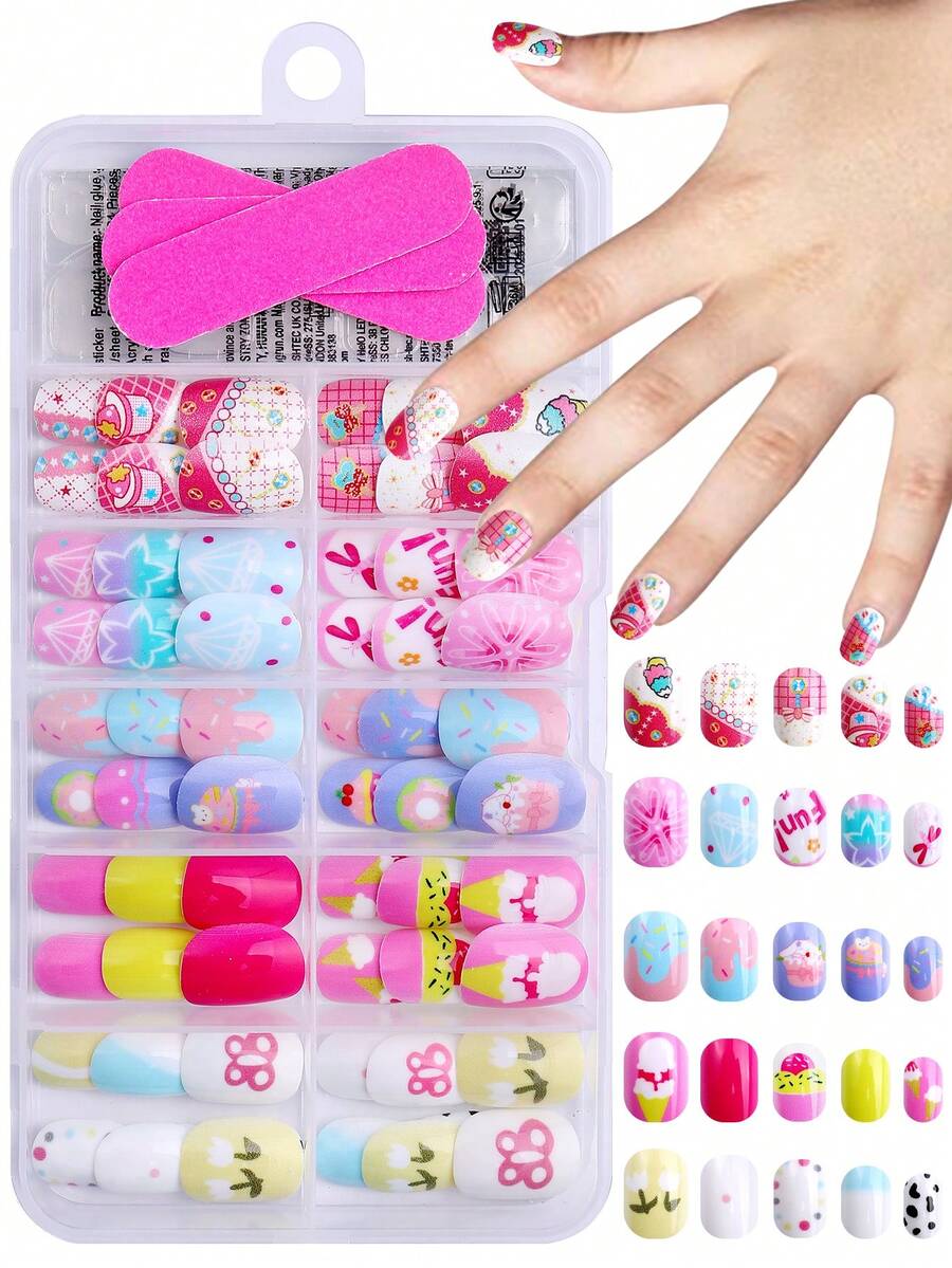 NAIO 120 Pcs/Set Y2K Baddie Style Kids Press-On Nail Stickers, Acrylic Material, Pre-Coated Gel, Full Coverage, Sparkly And Cute Patterns Including Bows, Ice Cream, Cakes, Donuts And Star Elements, Short Adhesive Nail Stickers, Comes With 3 Pcs Of Jelly Gel And 3 Pcs Of Nail File, Perfect For Little Girls - Cute Food Party Theme. Nail Supplies Nails - Multicolor - View 1