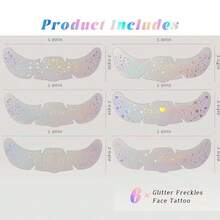6片全息闪光雀斑脸部临时纹身贴纸，防水闪亮身体闪光点贴纸，可爱星星闪光贴纸，节日派对化妆配件 - 銀色 - 查看 3
