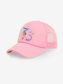 1顶女童粉色花卉城堡装饰字母图案卡车帽，26个字母个性化设计，时尚甜美可爱，透气镂空遮阳棒球帽，适合作为3-8岁女孩的生日/节日礼物，春夏日常、上学、户外活动皆宜。 - 粉色 - 查看 14