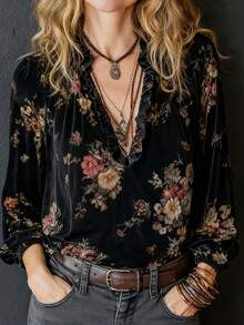 女士宽松丝绒衬衫，花卉丝绒套头衫，荷叶边领，松紧下摆，优雅时尚，百搭简约，休闲工作两相宜，初秋度假春季新款黑色 - 黑色 - 查看 2
