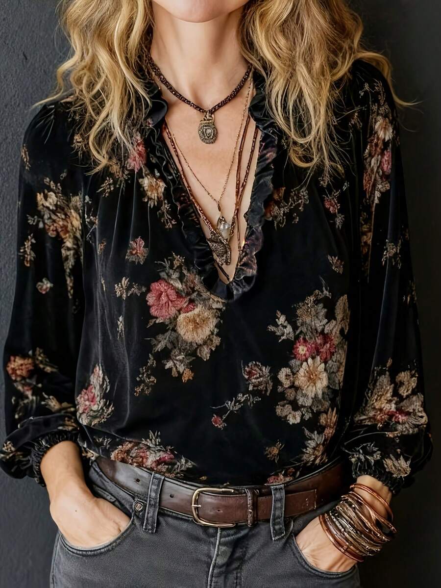 Áo kiểu nhung dáng rộng cho nữ, áo len nhung họa tiết hoa, cổ bèo nhún, gấu áo chun, thanh lịch và thời trang, đa năng và tối giản, thoải mái cho cả trang phục thường ngày và công sở, hàng mới về cho mùa thu sớm, kỳ nghỉ xuân, màu đen. - màu đen - Xem 1