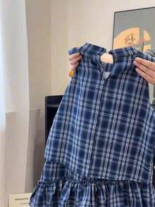 Women's Plaid Patchwork Ruffle Hem Casual Dress, Summer Dress With Bow Tie - Blue - View 2