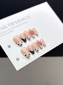 10 Pieces Of Purely Handmade Press-On Nail Tips, Featuring Short Almond-Shaped Nail Forms And A Press-On Style For Fake Nails. They Boast A Popular And Fashionable Style, With Hand-Painted Black And White Animal Print Leopard Patterns Combined With Polka Dot French Tips, As Well As Hand-Painted Three-Dimensional Flowers. These Are High-End, Skin-Whitening Finished Nail Tips Suitable For Daily Wear By Women And Girls, And Come With A Nail Kit. - Multicolor - View 4
