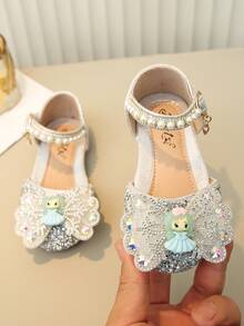 1 Pair Girls' Princess Bow Rhinestone Teddy Bear Cute Sandals, Casual Versatile Flat Slide Sandals, Suitable For Toddler, Little, Big Kids, Spring/Summer/Autumn - Silver - View 2