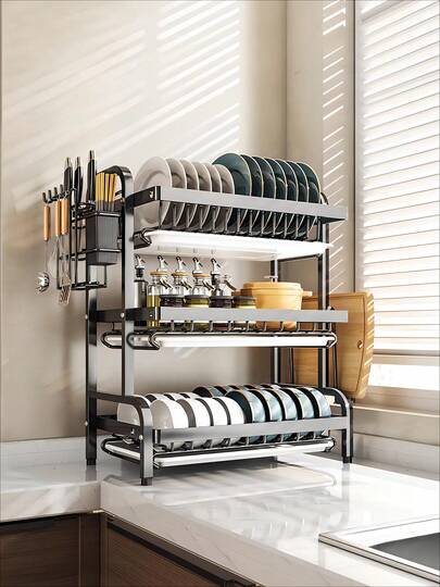Estante Premium de cocina de tres niveles para secar platos - Diseño robusto y que ahorra espacio con soporte para cubiertos y ranura para tabla de cortar - Perfecto para cocinas compactas, organice y seque platos, cuchillos, cucharas y tenedores sin esfuerzo, almacenamiento, organizador de cocina, utensilios de cocina, decoración de habitación, decoración del hogar.
