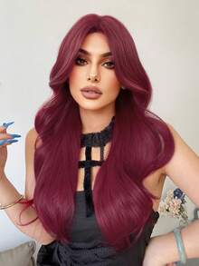 合成耐热假发，酒红色长卷发假发，28 英尺长，纤维材质，适合日常佩戴，自然仿假发。 - 酒紅色 - 查看 5