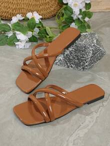 Women's Flat Sandals, Red Sandals, Brown Sandals, Shiny, Square Toe Design, Comfortable & Stylish, Suitable For Vacation & Beach, Slip-On Convenience - Brown - View 18
