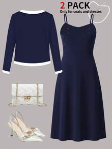 Plus Size Women's Navy Blue Elegant Dress Set, Fashionable Casual Long Sleeve Cardigan Jacket Paired With Slimming Waist Dress, Two Pieces Outfit, Suitable For Work, Dating, Everyday Wear, Spring/Summer/Autumn - Navy Blue - View 5